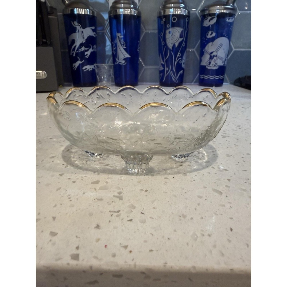 Jeannette Clear W Gold Trim Floragold Luisa Footed Candy Dish Mid Century Glass